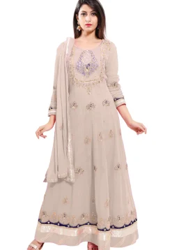 Embroidered Georgette Abaya Style Suit in Fawn
