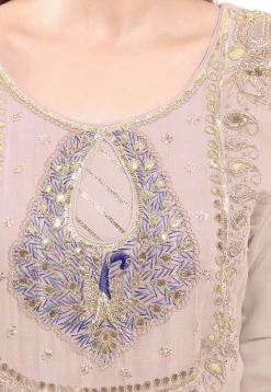 Embroidered Georgette Abaya Style Suit in Fawn