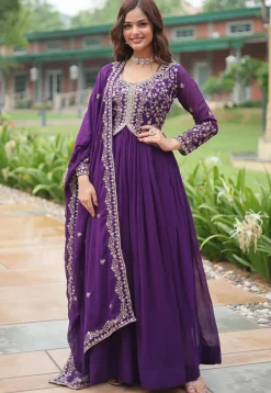 Embroidered Georgette Abaya Style Suit in Dark Purple