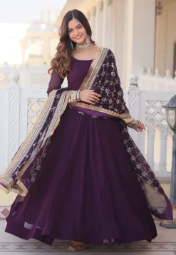 Embroidered Georgette Abaya Style Suit in Purple