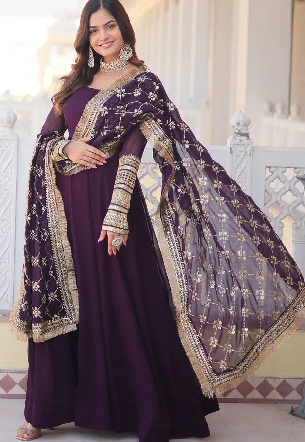 Embroidered Georgette Abaya Style Suit in Purple