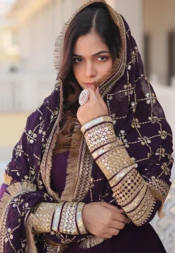 Embroidered Georgette Abaya Style Suit in Purple