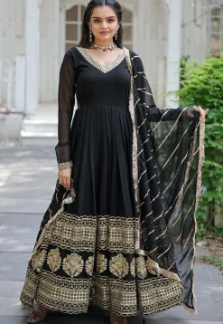 Embroidered Georgette Abaya Style Suit in Black