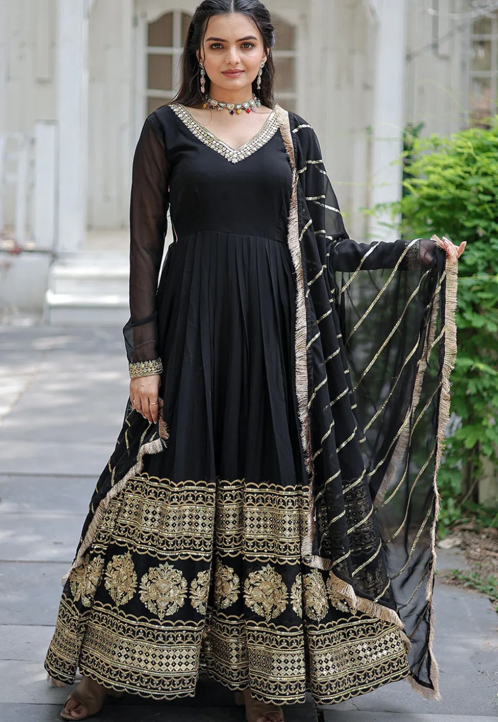 Embroidered Georgette Abaya Style Suit in Black