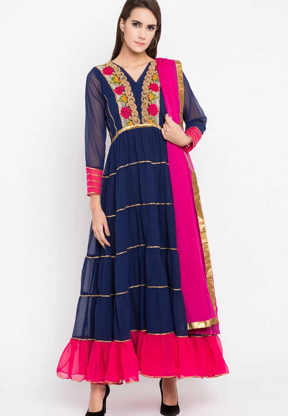 Embroidered Georgette Abaya Style Suit in Navy Blue