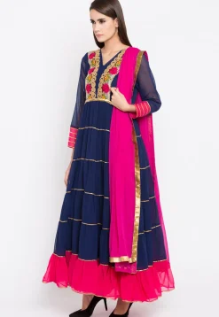 Embroidered Georgette Abaya Style Suit in Navy Blue