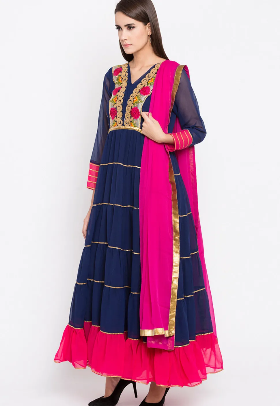 Embroidered Georgette Abaya Style Suit in Navy Blue