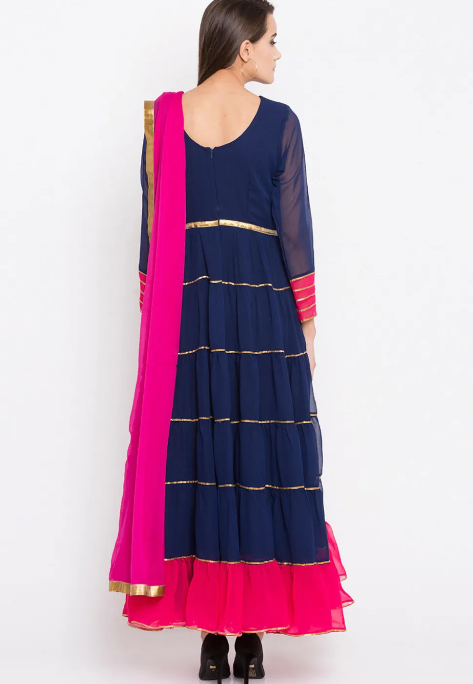 Embroidered Georgette Abaya Style Suit in Navy Blue