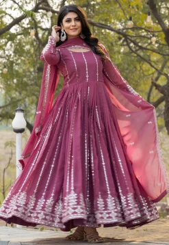 Embroidered Georgette Abaya Style Suit in Purple