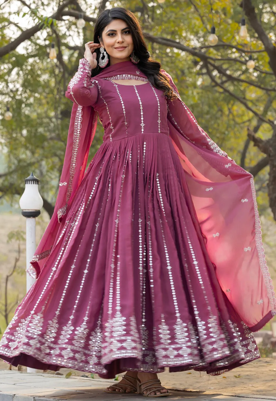 Embroidered Georgette Abaya Style Suit in Purple