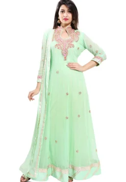 Embroidered Georgette Abaya Style Suit in Pastel Sea Green