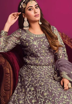 Embroidered Georgette Abaya Style Suit in Dusty Purple