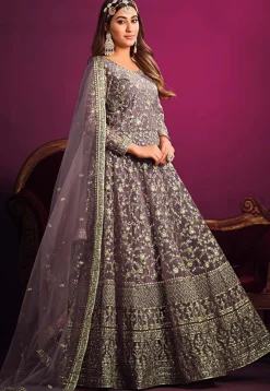 Embroidered Georgette Abaya Style Suit in Dusty Purple