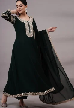 Embroidered Georgette Abaya Style Suit in Dark Green
