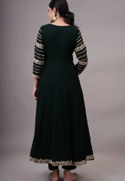 Embroidered Georgette Abaya Style Suit in Dark Green