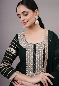 Embroidered Georgette Abaya Style Suit in Dark Green