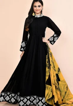 Embroidered Georgette Abaya Style Suit in Black