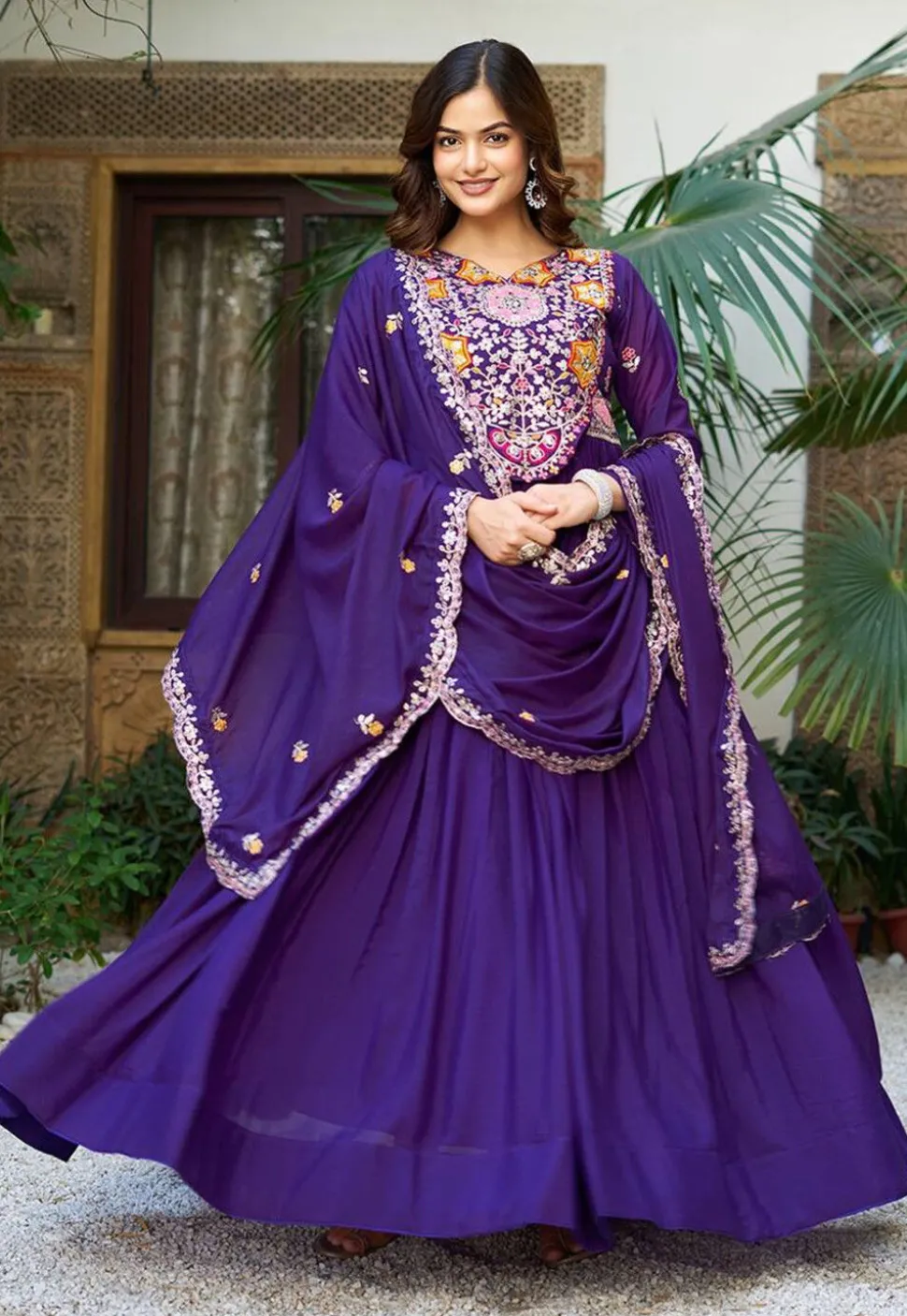 Embroidered Georgette Abaya Style Suit in Purple