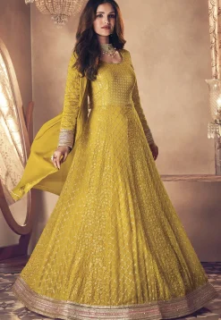 Embroidered Georgette Abaya Style Suit in Mustard