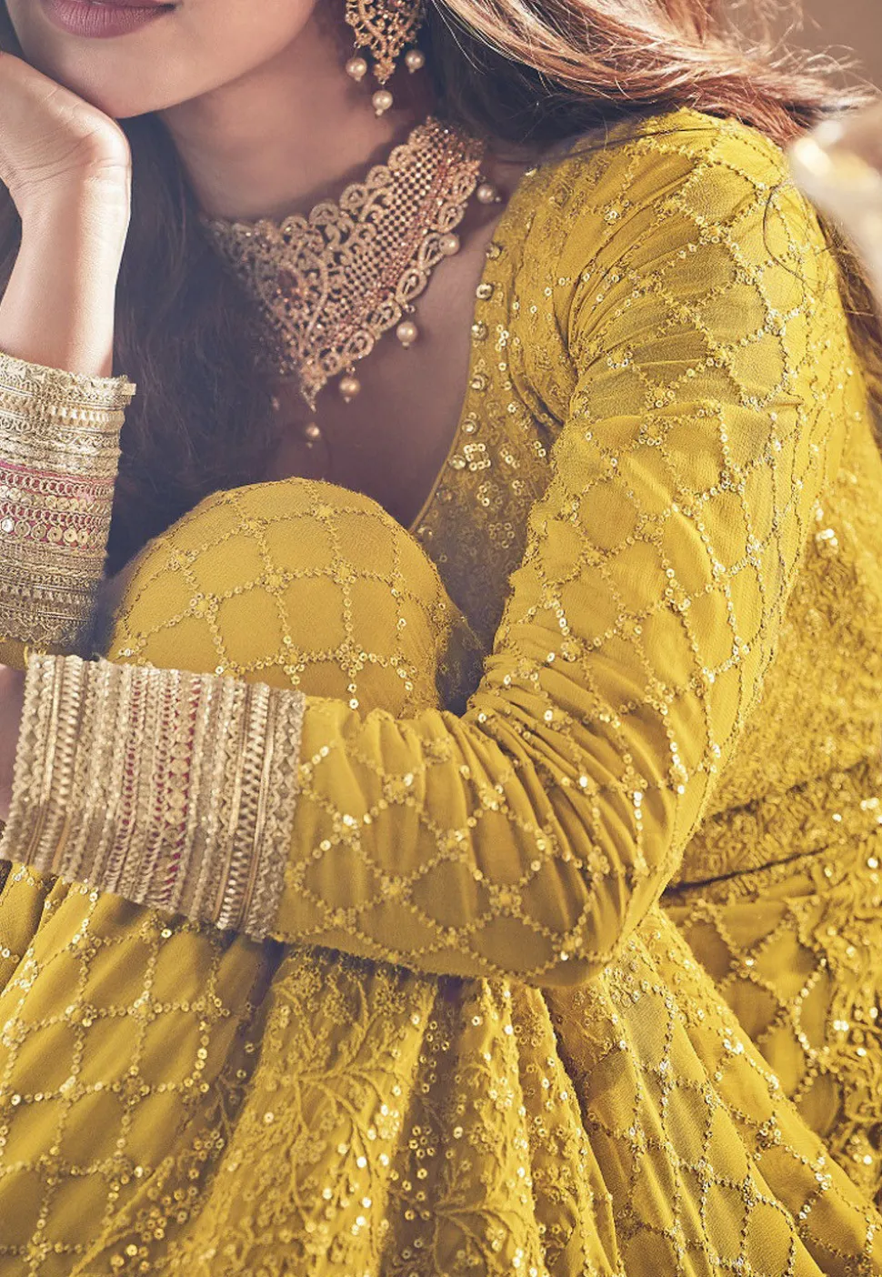 Embroidered Georgette Abaya Style Suit in Mustard