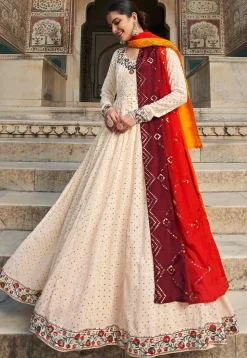 Embroidered Georgette Abaya Style Suit in Cream