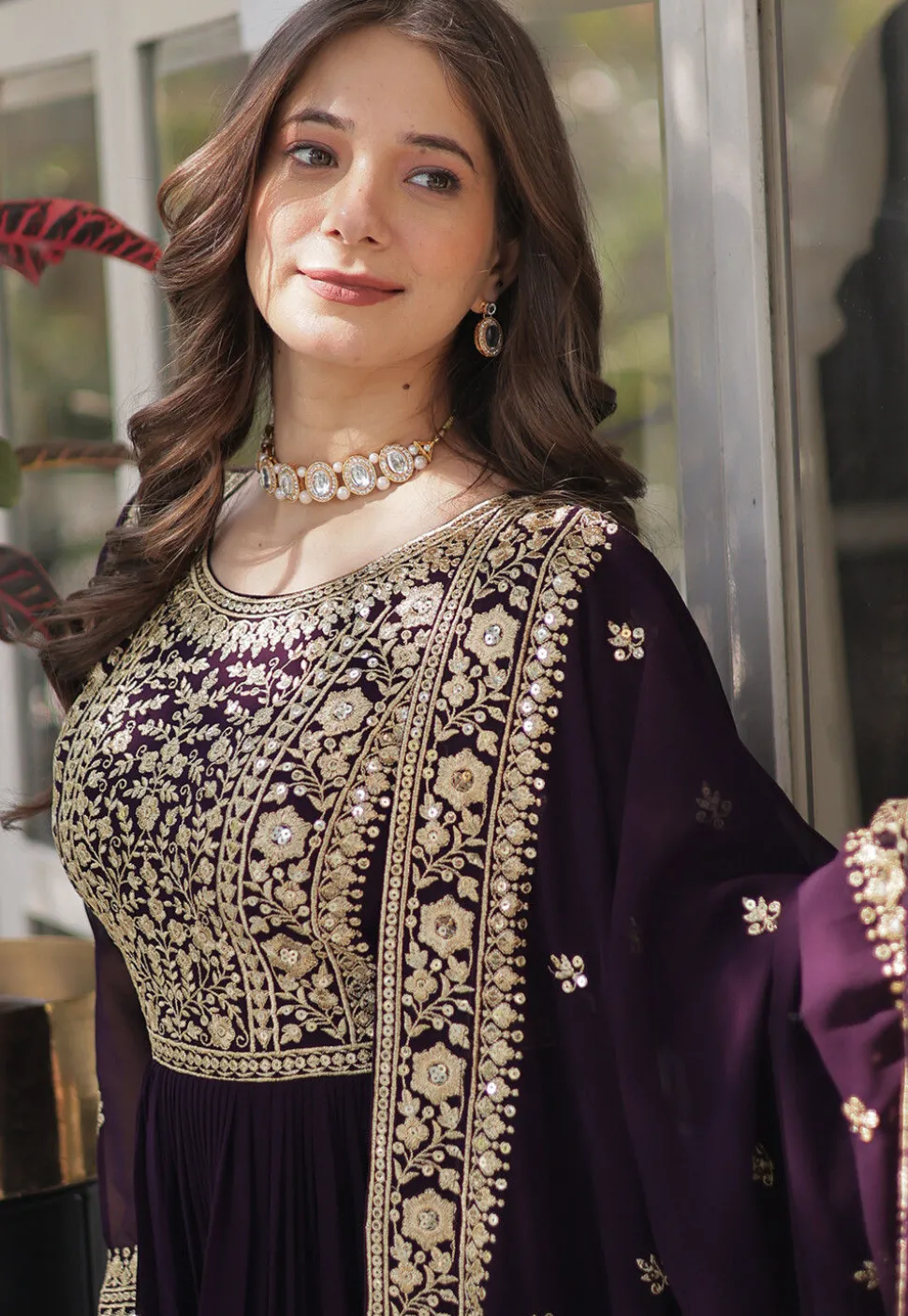 Embroidered Georgette Abaya Style Suit in Purple