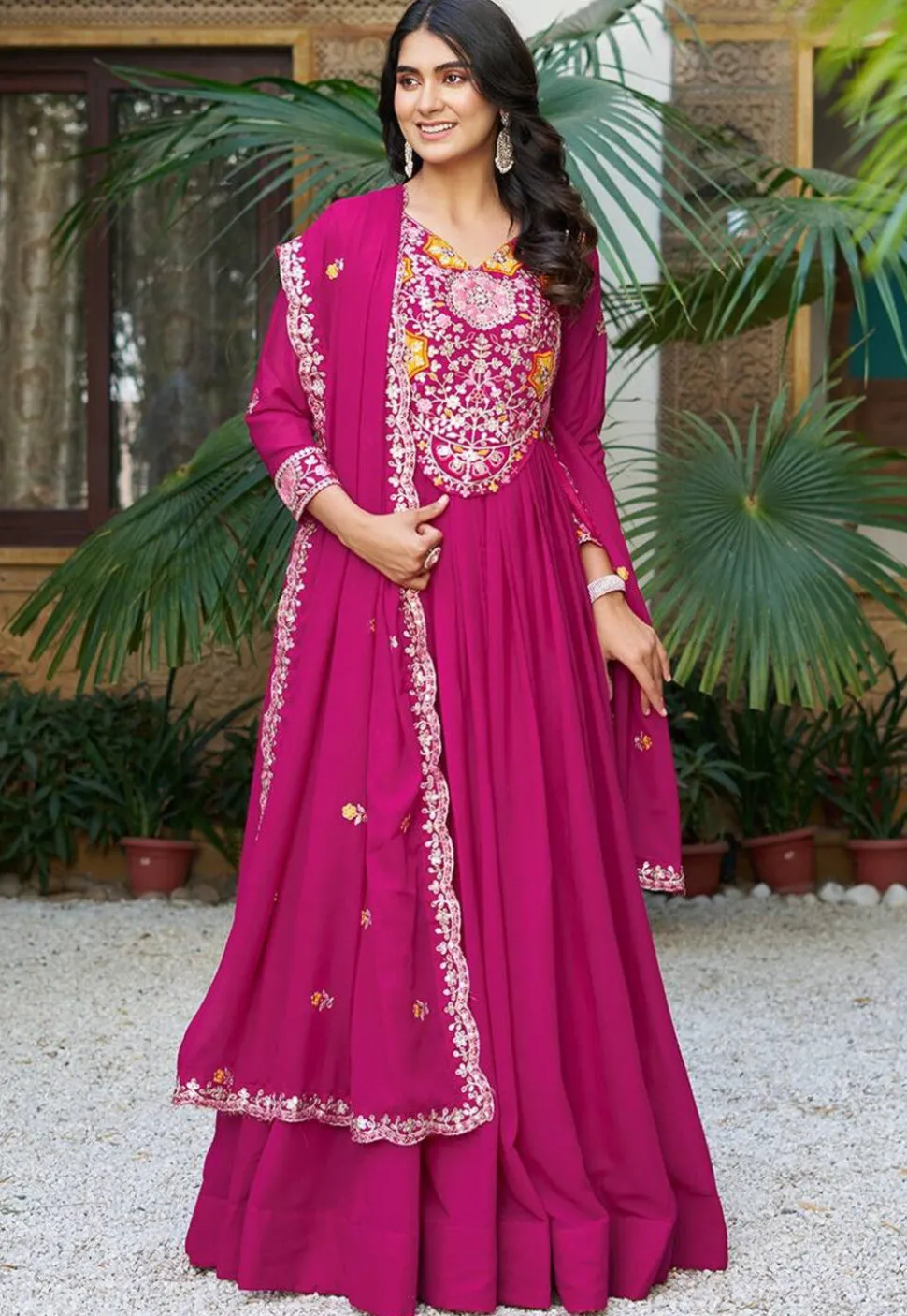 Embroidered Georgette Abaya Style Suit in Pink