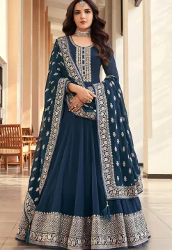 Embroidered Georgette Abaya Style Suit in Teal Blue