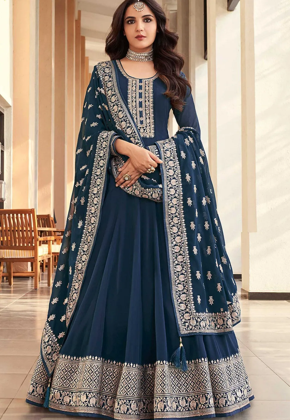Embroidered Georgette Abaya Style Suit in Teal Blue