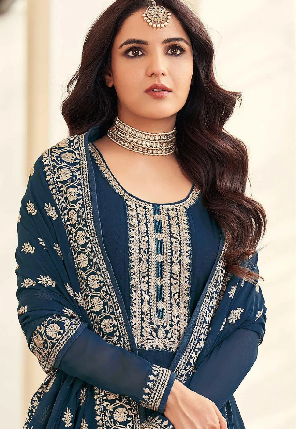 Embroidered Georgette Abaya Style Suit in Teal Blue
