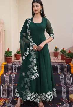 Embroidered Georgette Abaya Style Suit in Dark Green