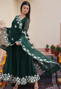 Embroidered Georgette Abaya Style Suit in Dark Green