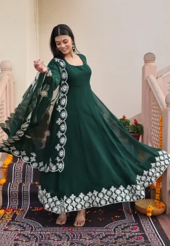 Embroidered Georgette Abaya Style Suit in Dark Green