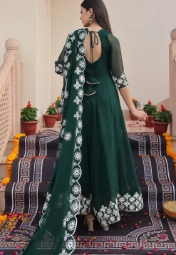 Embroidered Georgette Abaya Style Suit in Dark Green