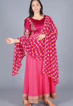 Embroidered Georgette Abaya Style Suit in Magenta and Coral Pink