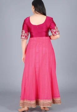 Embroidered Georgette Abaya Style Suit in Magenta and Coral Pink