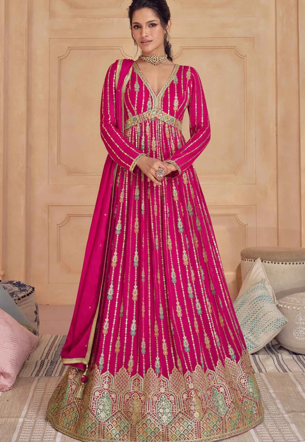 Embroidered Georgette Abaya Style Suit in Pink
