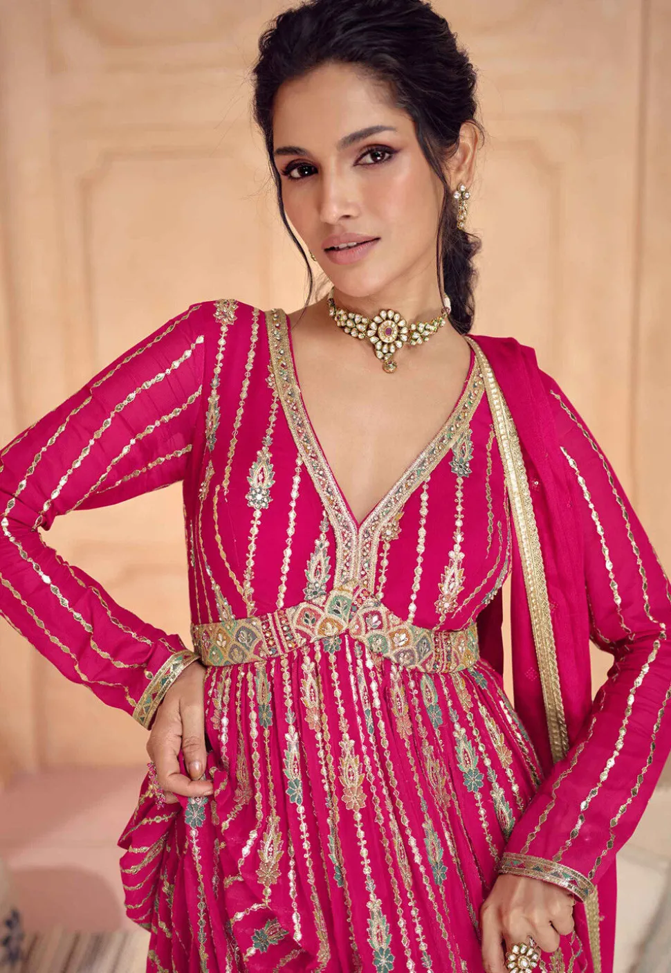 Embroidered Georgette Abaya Style Suit in Pink