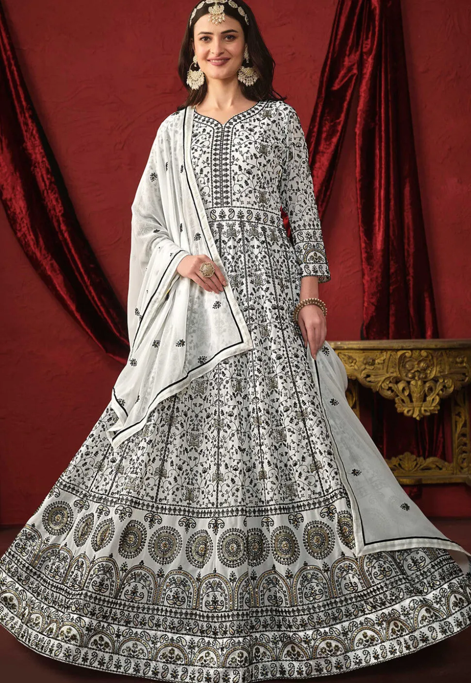 Embroidered Georgette Abaya Style Suit in Off White