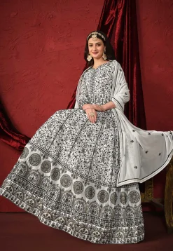 Embroidered Georgette Abaya Style Suit in Off White