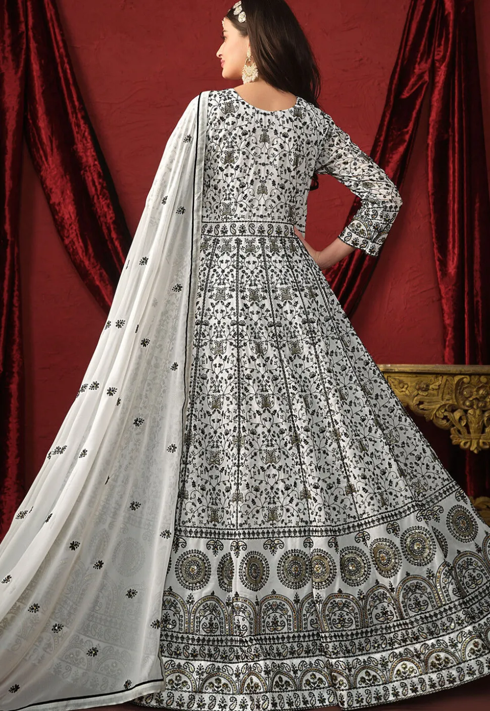 Embroidered Georgette Abaya Style Suit in Off White