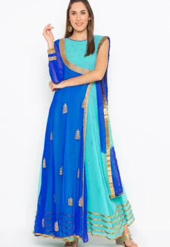 Embroidered Georgette Abaya Style Suit in Blue