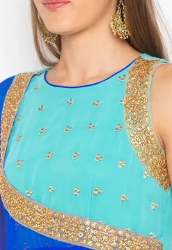 Embroidered Georgette Abaya Style Suit in Blue