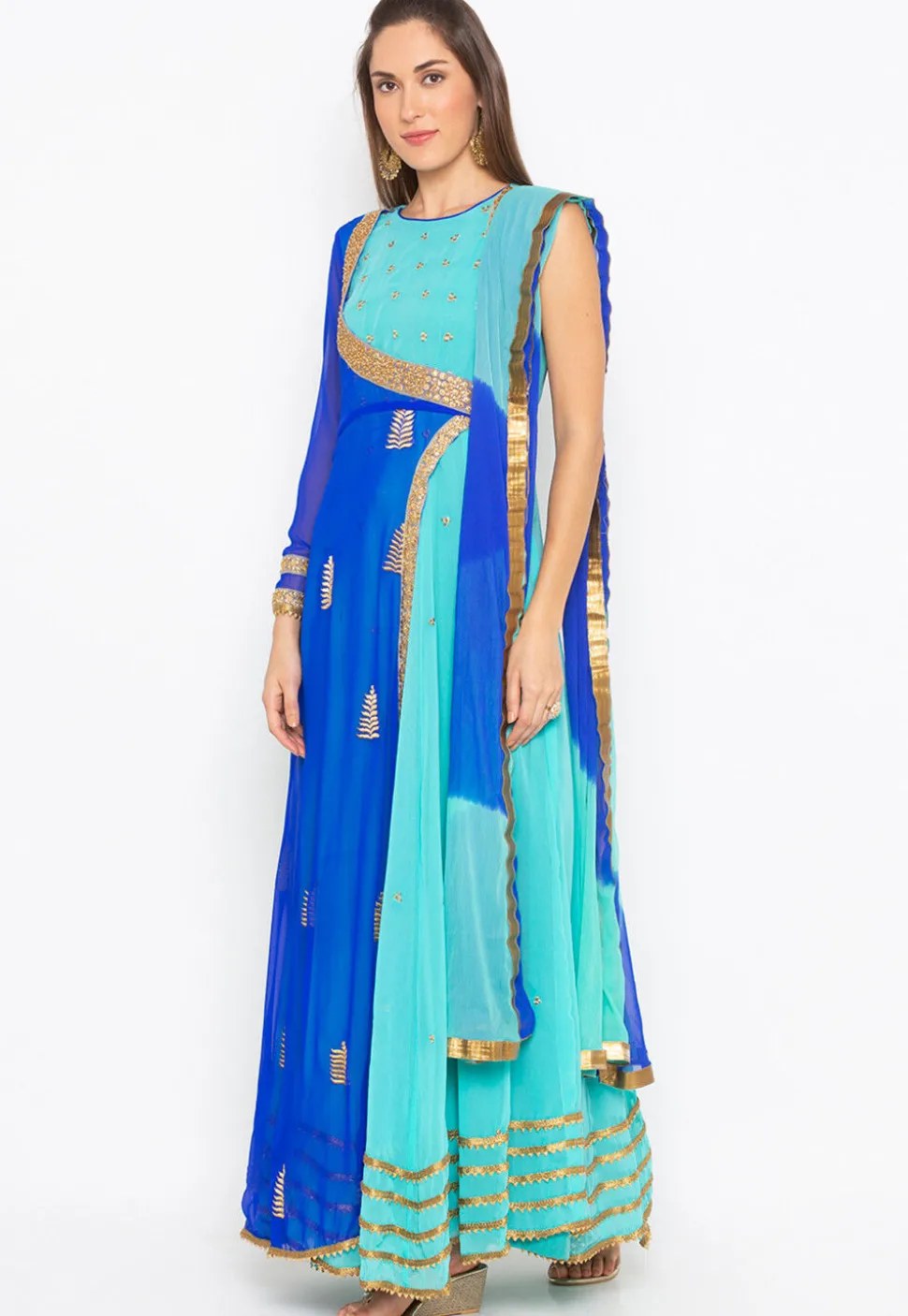 Embroidered Georgette Abaya Style Suit in Blue