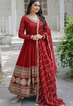 Embroidered Georgette Abaya Style Suit in Red