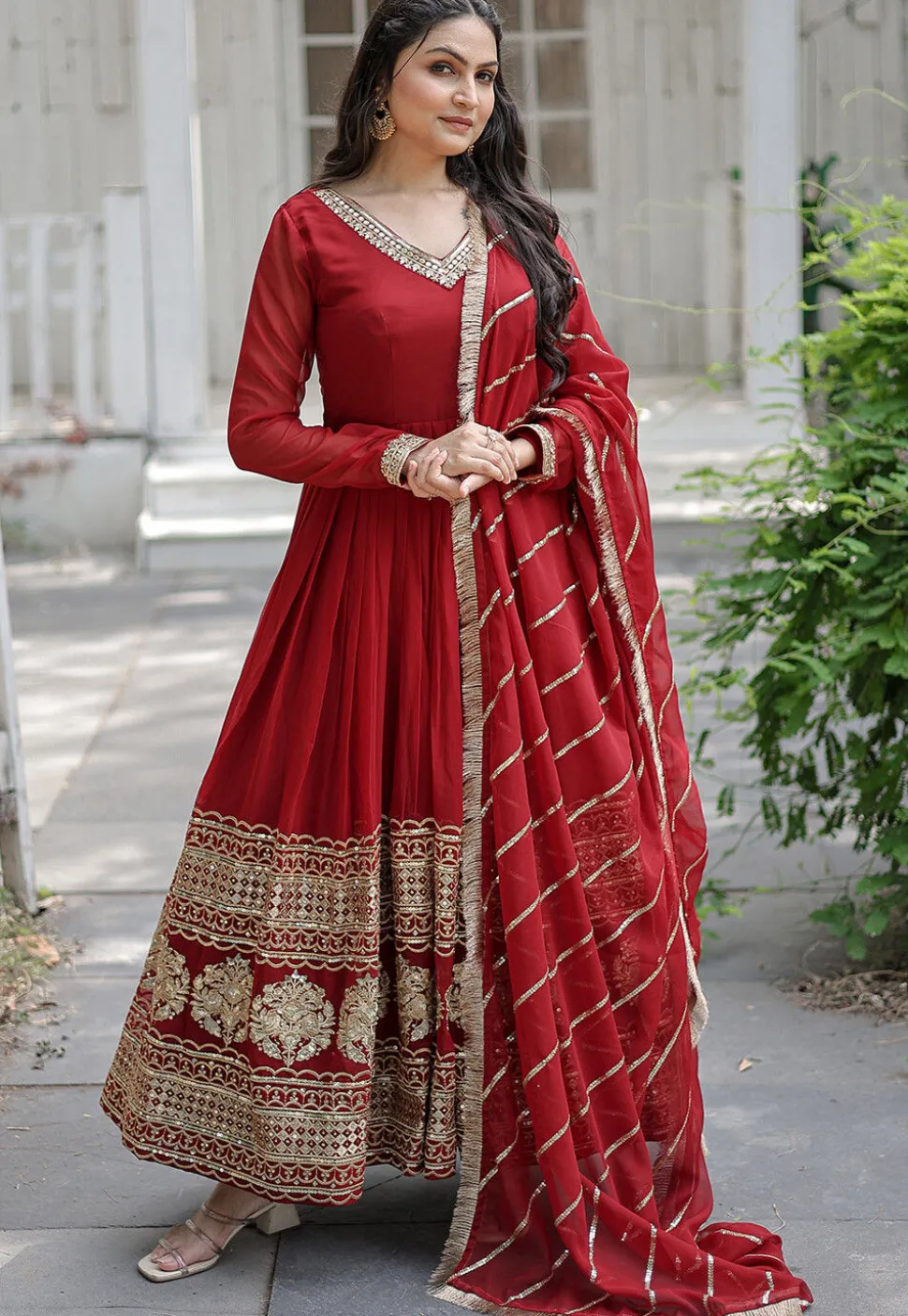 Embroidered Georgette Abaya Style Suit in Red