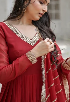 Embroidered Georgette Abaya Style Suit in Red
