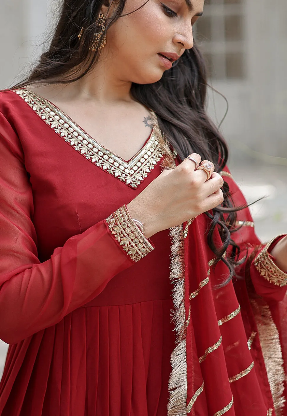 Embroidered Georgette Abaya Style Suit in Red