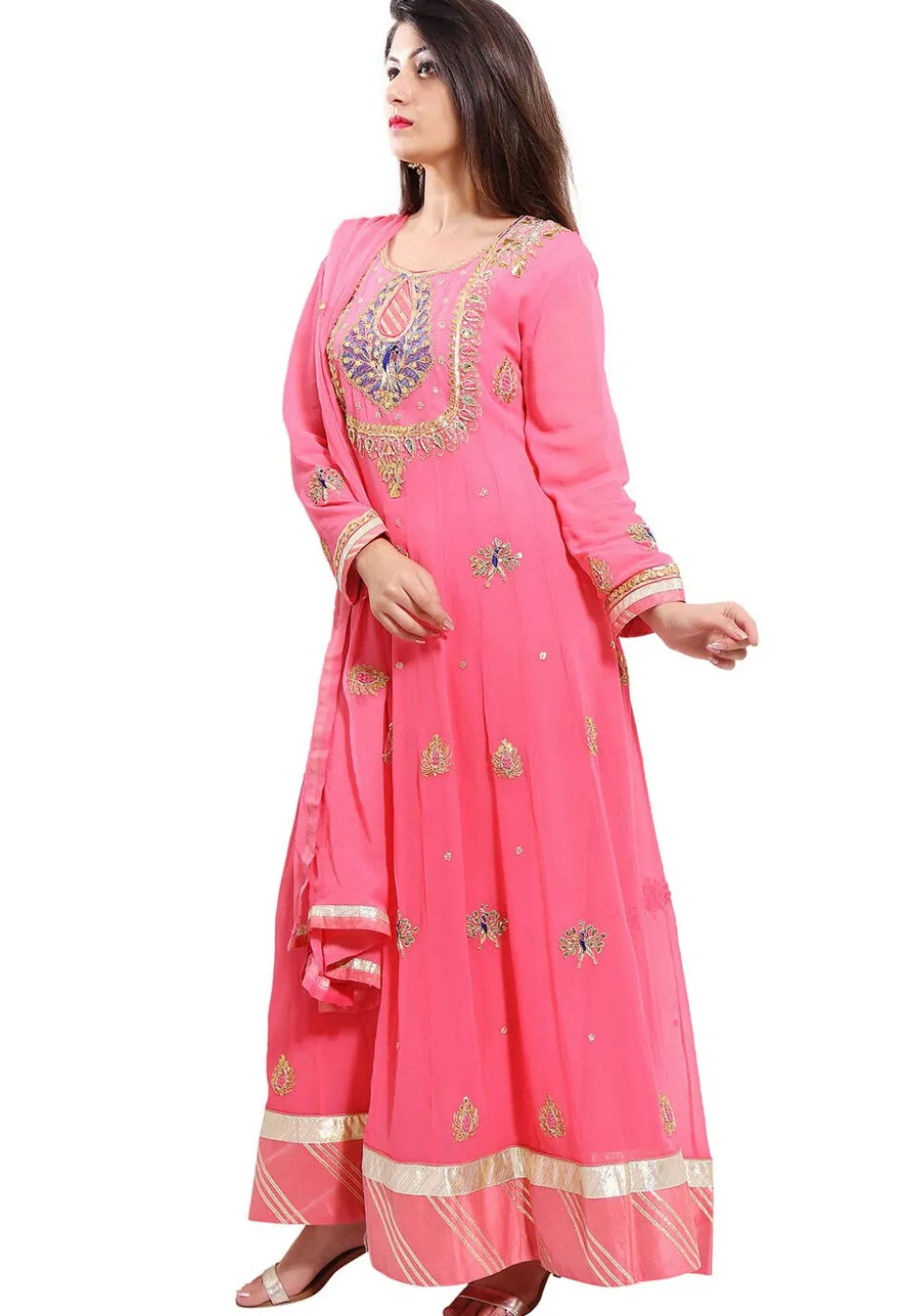 Embroidered Georgette Abaya Style Suit in Pink