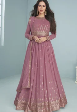 Embroidered Georgette Abaya Style Suit in Light Purple
